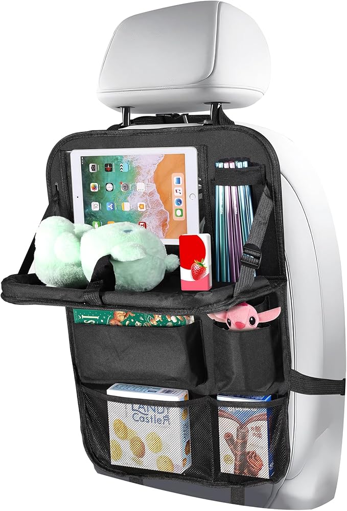 Backseat Car Organizer with Touch Screen Tablet Holder, Storage Pockets, Foldable Food Tray, Kick Mats Back Seat Protector, Travel Accessories for Kids and Adults (Upgraded Rear Organizer-1pcs)