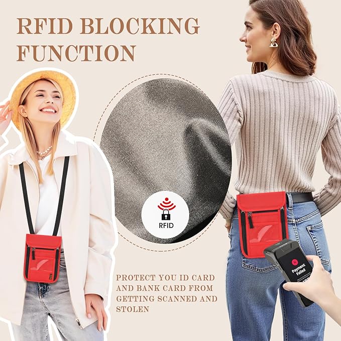 Passport Holder for Travel, Neck Pouch Travel Wallet With RFID Blocking, Waterproof Lightweight Passport Wallet for Women and Men (Red)