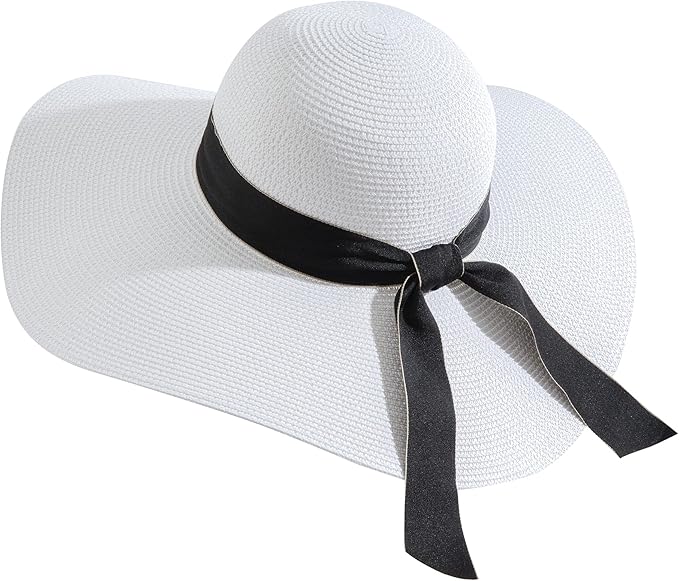 Lanzom Womens Wide Brim Straw Hat Big Floppy Foldable Roll up Cap Beach Sun Hat UPF 50+