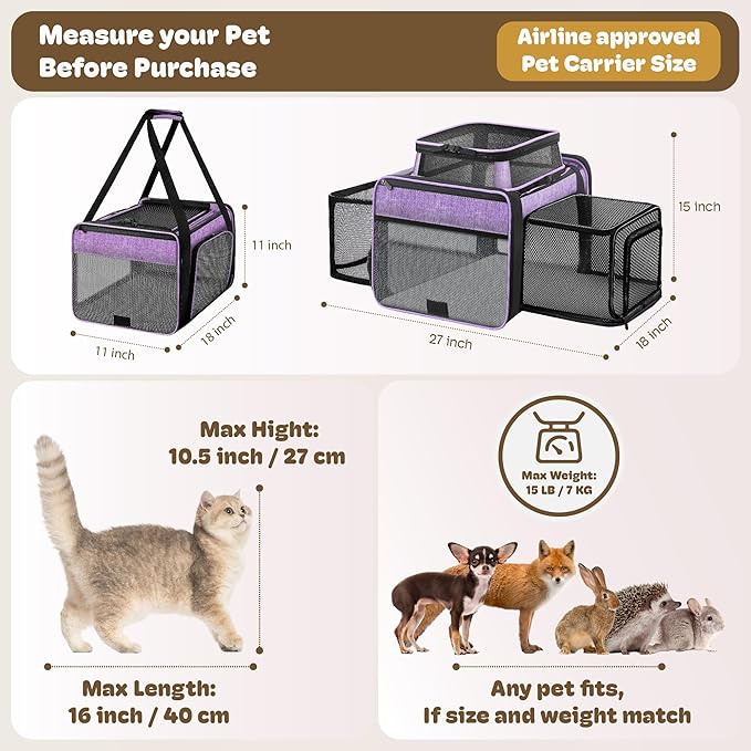 Top and 2 Sides Expandable Cat Carrier 17x11x11, TSA Airline Approved Dog Carriers for Medium Dogs, Soft-Sided Pet Carrier with Self-Locking Zippers for Kitten,Rabbit, Puppy, Guinea Pig Purple