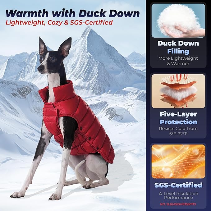 SPACE LION Dog Puffer Jacket, Down Winter Coat, Durable Outdoor Coat for Cold and Windy Conditions, Lightweight & Adjustable Fit Coats for Large Dogs, (Red, Size28/4XL)