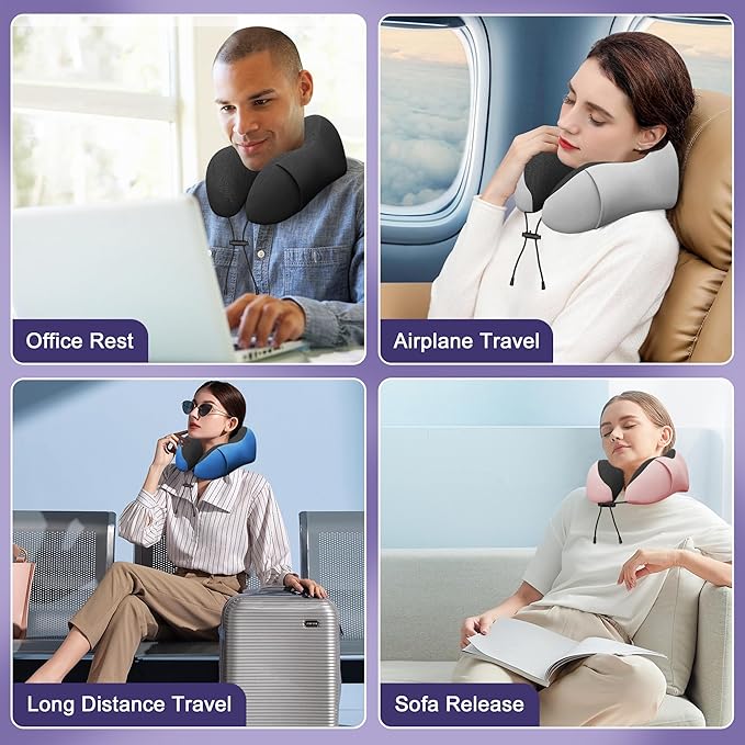 Neck Travel Pillow, Upgraded Memory Foam Pillow for Airplane, Machine Washable, Adjustable Flight Pillow, Suitable for Sleeping Airplane, Car, Office and Home (Black)