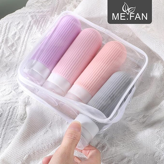 ME.FAN Travel Bottles for Toiletries, TSA Approved 3oz Silicone Journey Size Containers, Portable Split Bottle for Conditioner, Shampoo, Lotion- 4 Pack Purple