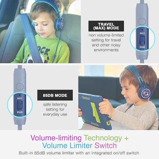 MEE audio KidJamz KJ55 Safe Listening USB-C Headphones for Children with Multicolor LED Lights, Volume Limiter, & Microphone; On-Ear Wired Kids Headset for iPhone 16, iPad, & USB Type C Devices (Blue)