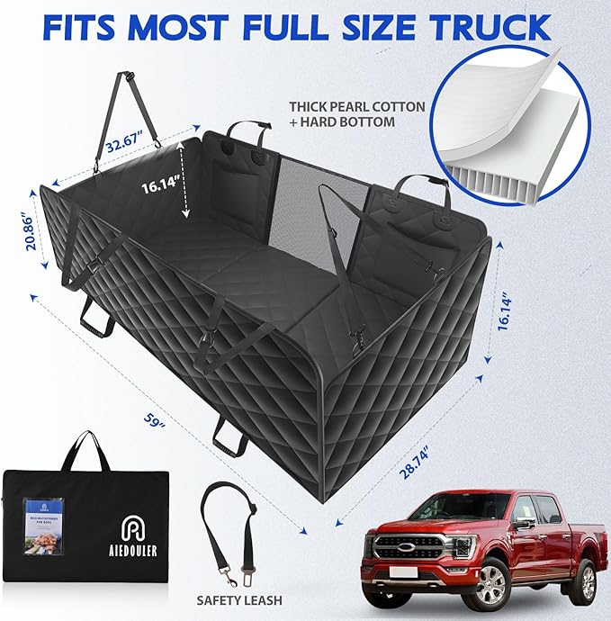 XL Truck Back Seat Extender for Dogs, 59x29 Dog Seat Cover Back Seat Hard Bottom, Dog Hammock for Truck Full Size, Pet Seat Covers for Crew Cab F150, RAM1500, Sierra, Tundra, Silverado, Titan