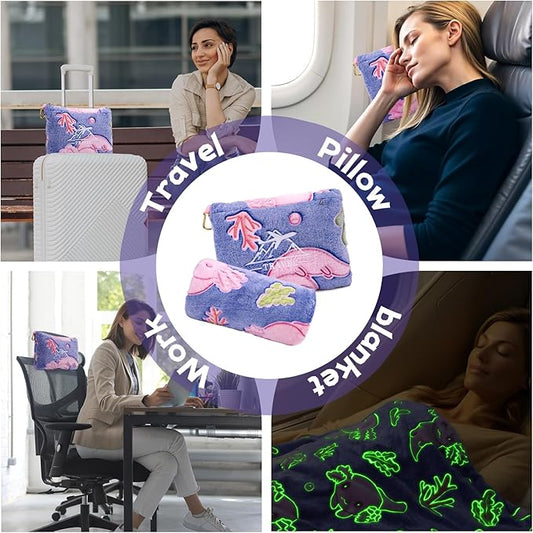 Axolotl Blanket for Airplane Travel - Glow in The Dark Kids Travel Blanket Pillow Set for Plane, Car - Axolotl Gifts Toys for Girls, Small Soft Purple Fleece Throw for Teens Girls 40" x 60"