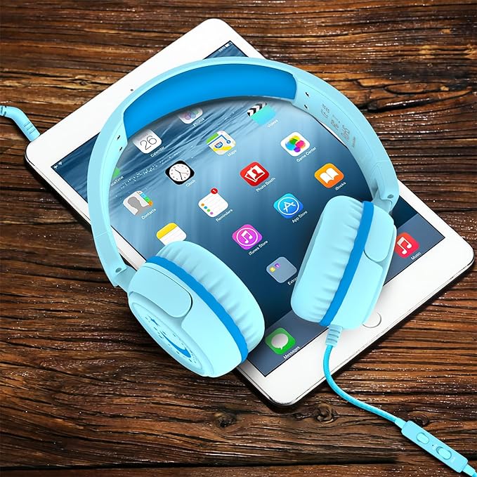 K6 Kids Headphones, 85/94dB Volume Limit Wired Headphones for Kids,3.5mm Jack Foldable Stereo Sound Toddler Headset with Mic, On-Ear Headphone for Smartphones/iPad/Tablet/Plane/Travel (Cyan)