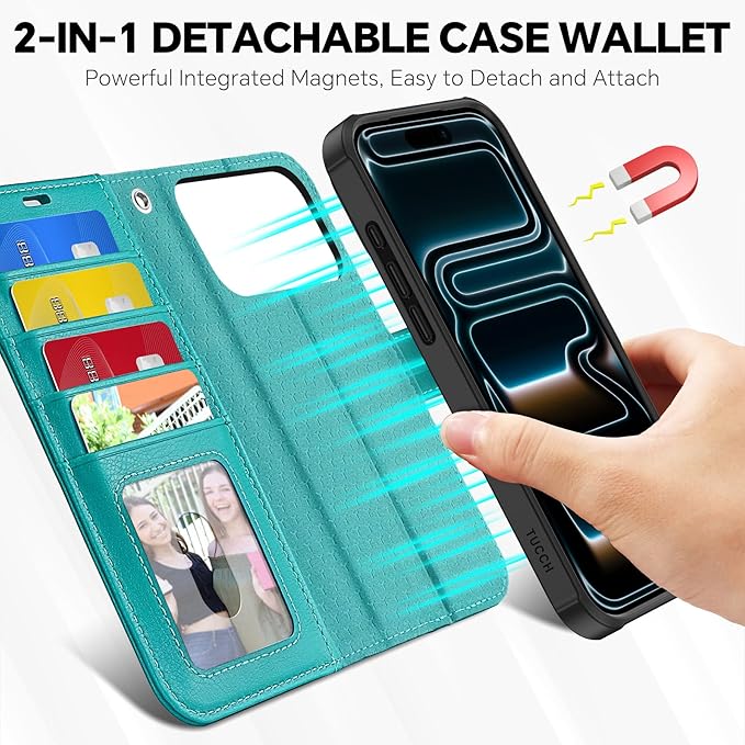 TUCCH Detachable Case Wallet for iPhone 17 Pro Max (6.9") 2025, Wrist Strap | 4 Card Slots RFID Blocking | Wireless Charging | Stand | 2-in-1 Magnetic | PU Leather | Shockproof Folio Cover | Cyan