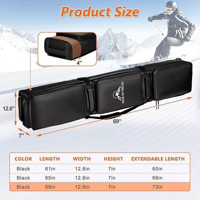Wheeled Ski Bag for Air Travel - Extendable 155-185CM Waterproof Padded Rolling Snowboard Bag for Double Skis, Boots, Helmet & Ski Gear