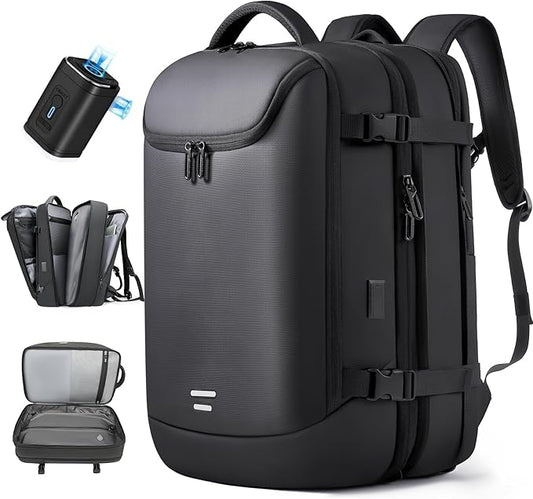 Vacuum Backpack Travel with Pump, 40L Expandable Carry on Compression Backpack Flight Approved for Women Men Fit 17 Inch Laptop with USB Charging Port Business Weekender