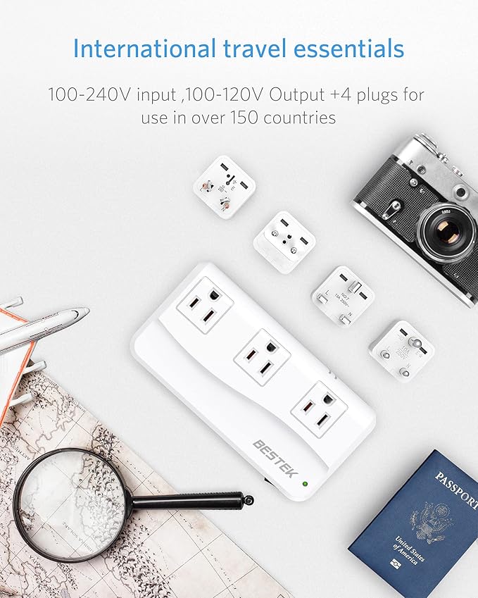 BESTEK Universal Travel Adapter 220V to 110V Voltage Converter with 6A 4-Port USB Charging and UK/AU/US/EU Worldwide Plug Adapter (White)