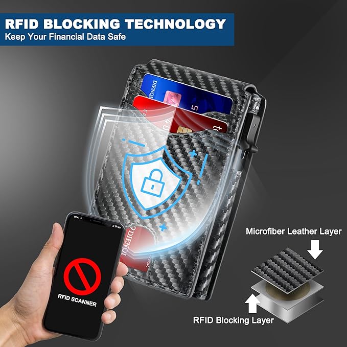 Wallet for Men, Pop Up Bank Credit Card Holder Case, RFID Blocking, Compact, Smart, Slim, Minimalist, Thin, 11 Cards Capacitiy | ID Window | Aluminum Metal | Carbon Fiber Pattern | Women (Black)