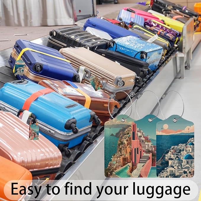Greek Island Sunset Landscape Luggage Tag 3 Pack Travel Cruise Luggage Tags for Suitcases, Identifiers Bag Tags with Privacy Flap, Baggage Name Tag for Women Men Luggage Backpack Handbag School Bag