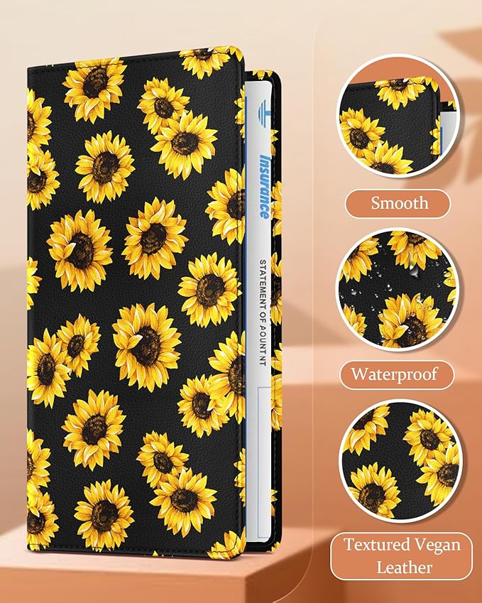 Slohif Car Registration and Insurance Card Holder with Magnetic Shut - Vehicle Glove Box Organizer Women Leather Automobile License Holders Coasters Auto Accessories Case for Document,Sunflower