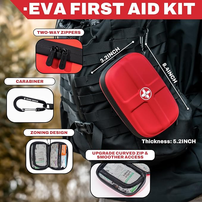 RHINO RESCUE EVA First Aid Kit, Small Waterproof Emergency Hiking First Aid Kit for Backpacking, Medical Kit for Travel, Home, Car, College Dorm Room, Camping, Boat, Back to School (Red)