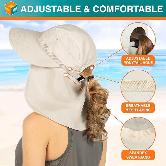 SUN CUBE Sun Hat for Women with Ponytail Hole Neck Flap, Gardening Hat Women Sun Protection, UV Hats Hiking Walking Fishing