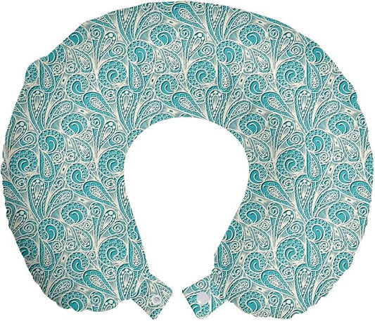 Ambesonne Teal Travel Pillow Neck Rest, Classical Lace Style Pattern with Romantic Feminine Elements Inspired Artwork Print, Memory Foam Traveling Accessory for Airplane and Car, 12", Teal Beige
