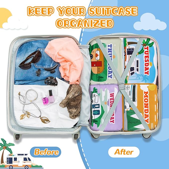 Paterr 7 Pcs Packing Cubes for Travel Kids Days of Week Compression Packing Cubes Colorful Luggage Organizers Suitcase Camp (Car)