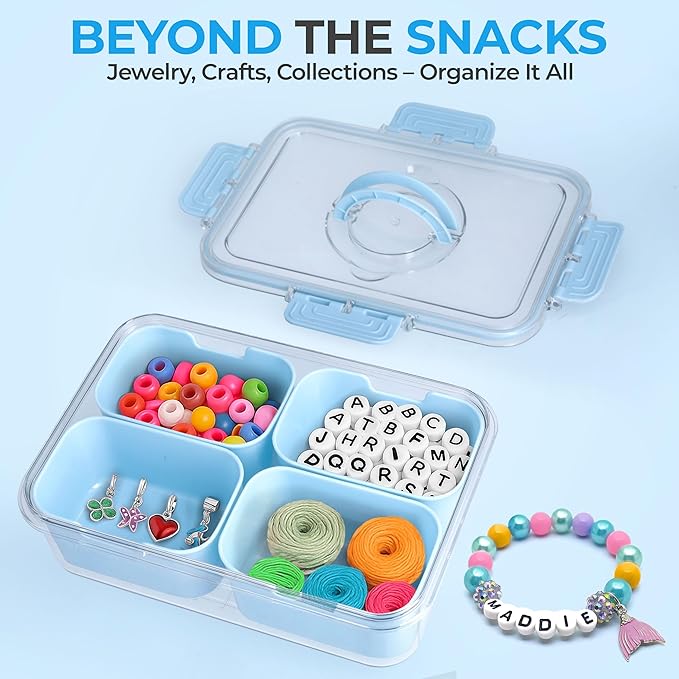 Snackle Box Container with Lid- Travel Charcuterie Box with Handle - Organizer for Candy, Fruit, Nuts, Veggies, Snacks, Beach Essentials, Portable Lunch Box (Blue, Small)