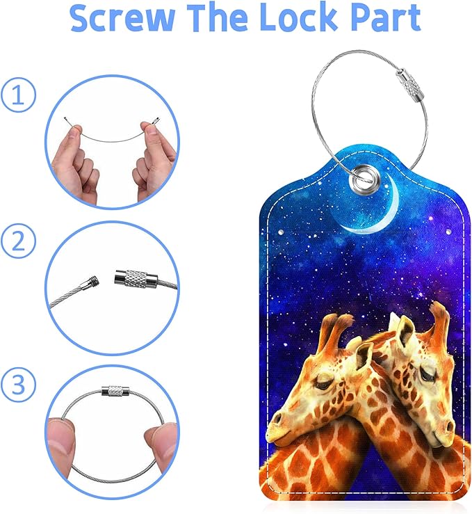 Set of 2 Luggage Tags Couple Giraffe at Galaxy Sky Leather Suitcases Tag with Privacy Cover Stainless Steel Loop and Address Card for Women Men Travel