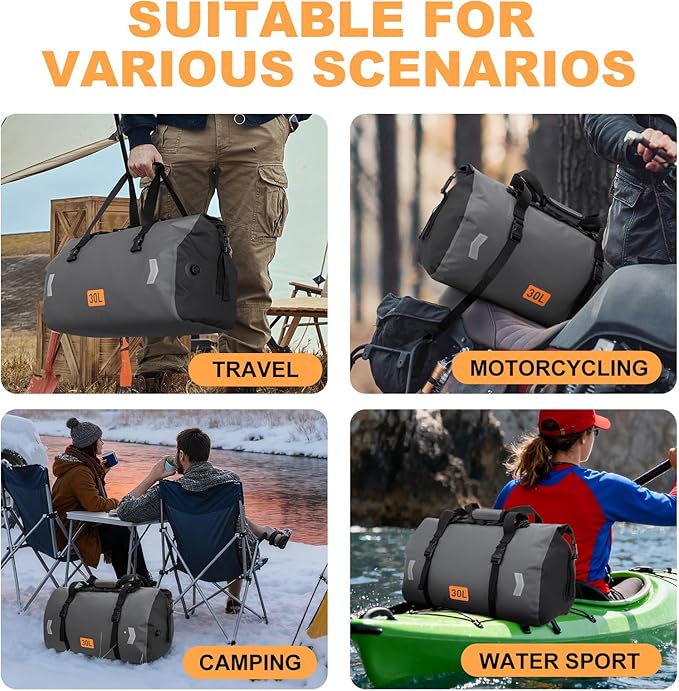 Waterproof Dry Bag, 30L Roll-top Motorcycle Tail Bag with Air Valve & Quick-fixed Straps, Travel Duffle Bags for Kayaking Paddle Boarding Rafting Boating Camping Riding Fishing - Grey