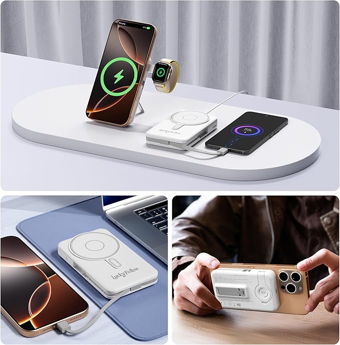 Magnetic Portable Charger Built-in Cables,10000mAh Fast Charging Wireless Charger Station External Battery Pack Slim Pocket Size Power Bank with Stand Compatible with iWatch, iPhone and Android Phones