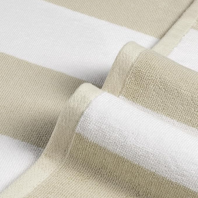 Cotton Oversized Beach Towel - 40 x70 Inch Extra Large Striped Pool Towel, Big Soft Terry Cloth Beige Cabana Swim Towel