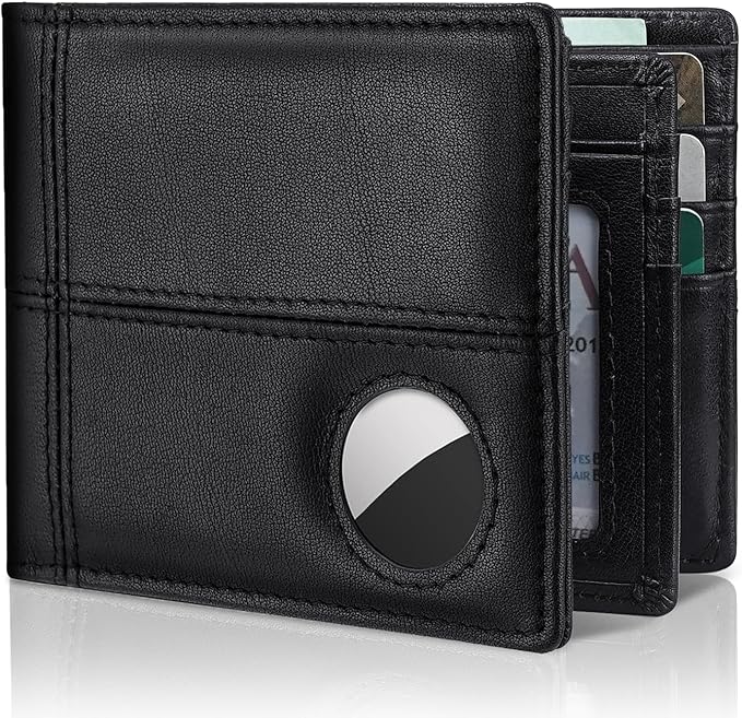 Mens Wallet With AirTag Holder, Bifold Leather RFID Blocking 1-2 ID Windows 12-13 Card Holders, Gift Box and Screen Protector Included, AirTag Not Included