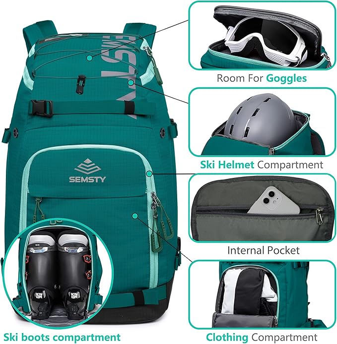 Ski Boot Bag, 55L/70L Waterproof Ski and Snowboard Boots Travel Backpack for Skis, Snowboard, Ski Helmet, Goggles, Gloves & Accessories