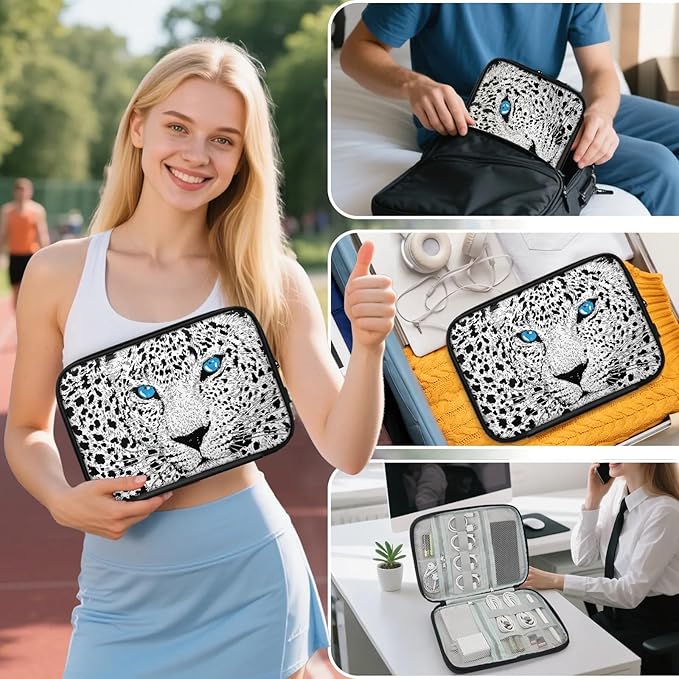 White Tiger Leopard Travel Cable Organizer Pouch Blue Eyes Electronics Accessories Carry Case Portable Water Resistant Storage Bag for Cord Charger Phone Earphone SD Card