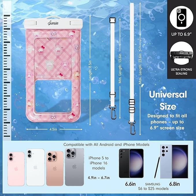 Sonix x Sanrio Waterproof Phone Pouch - Floating Phone Case Dry Bag w/Crossbody Lanyard - Beach Cruise Travel Essentials - Compatible w/All Devices, Touchscreen Friendly | Hello Kitty Latte Bears
