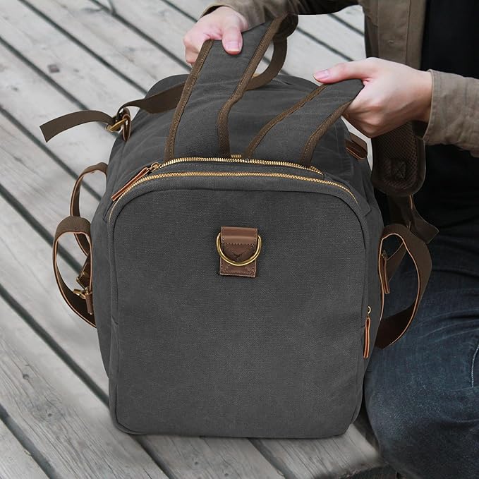 60L Travel Bags for Men, Nomad Canvas Duffle Bag Vintage Genuine Leather Travel Duffel Bag Multifunctional Weekender Overnight Backpack with Shoes Compartment (Black, X Large-60L)