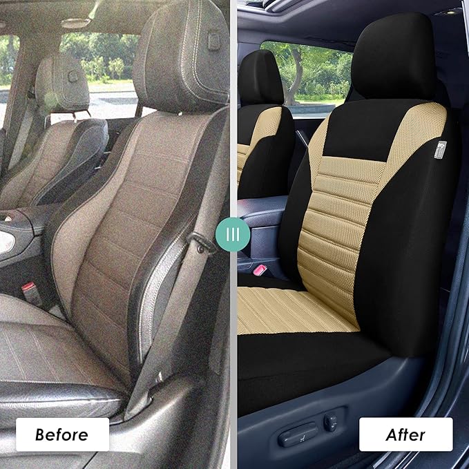 FH Group Automotive Car Seat Covers Full Set Premium 3D Air Mesh Front Seat Covers, Airbag Compatible & Split Bench Cover Universal Fit Interior Accessories for Cars Trucks and SUVs - Beige