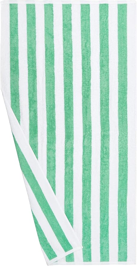 Amazon Basics 100% Cotton Terry Cabana Stripe Pool & Beach Towel, Soft & Absorbent, Quick Drying, Large, 2-Pack, Green, 30" x 60"