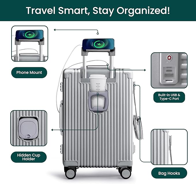Nobl Travel Carry On Luggage, Noble Zipperless Aluminum Frame PC Hard Shell Suitcase, 20.8"x15"x8.7" Airline Approved, 360° Spinner Wheels, TSA Locks, USB Charging Port, Cup & Phone Holder - Silver