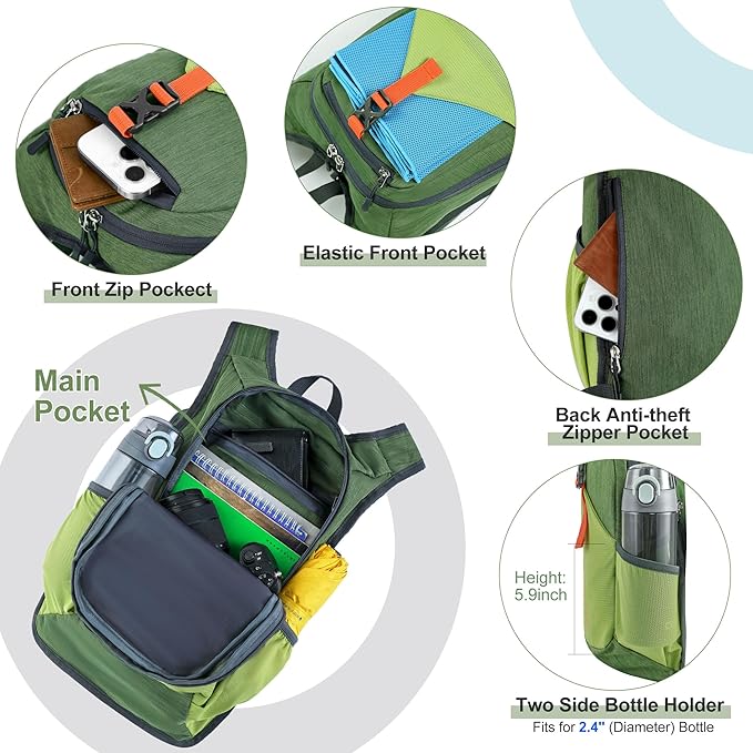 FIORETTO 10L Lightweight Packable Hiking Backpack Small Foldable Daypack for Women Men Compact Travel Backpack for Camping & Outdoor, Green