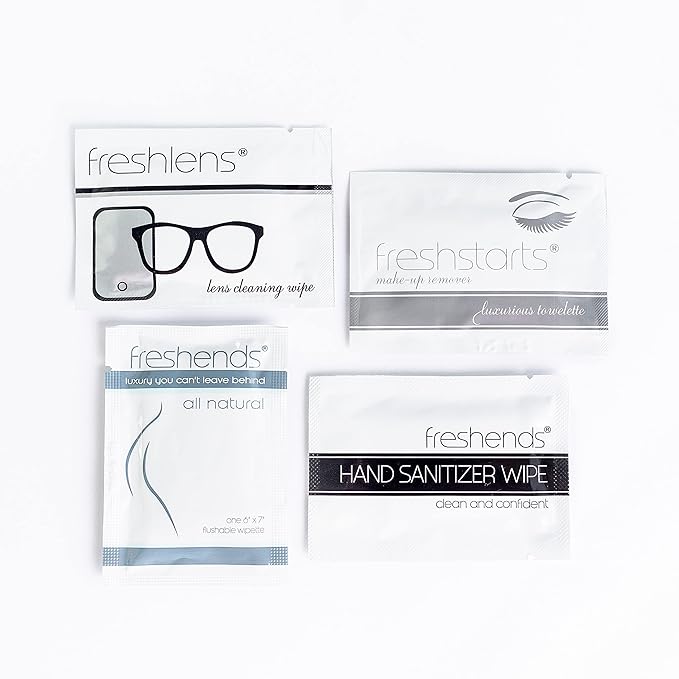 Freshends Luxurious Towlette Variety Bundle: (25) Freshends, (25) Freshstarts, (25) Freshlens, (25) Hand Sanitizer Wipes. Flushable toilet tissues, personal care wipes, and travel-friendly wet wipes