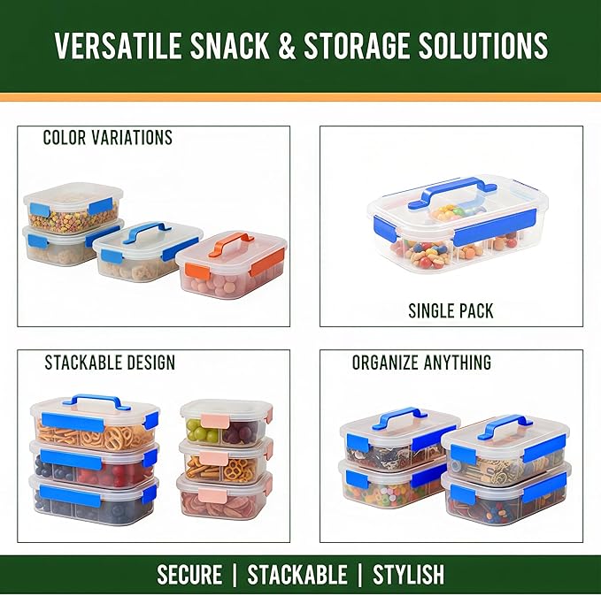 Li & Zhao Snackle Box Container - 4-Compartment Divided Snack Serving Tray with Silicone Handle, Perfect for Picnics, Leak-Proof, and Dishwasher-Safe Dressing Containers(Blue)