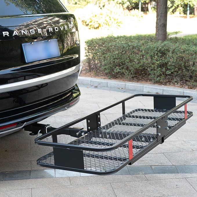 Folding Hitch Mount Cargo Carrier Basket 60x20x6” Rear Luggage Rack Basket,500LBS Capacity, Hitch Mount for 2" Receivers, Powder Coating, Heavy Duty, Durable, Easy Assembly, Straps Stabilizer