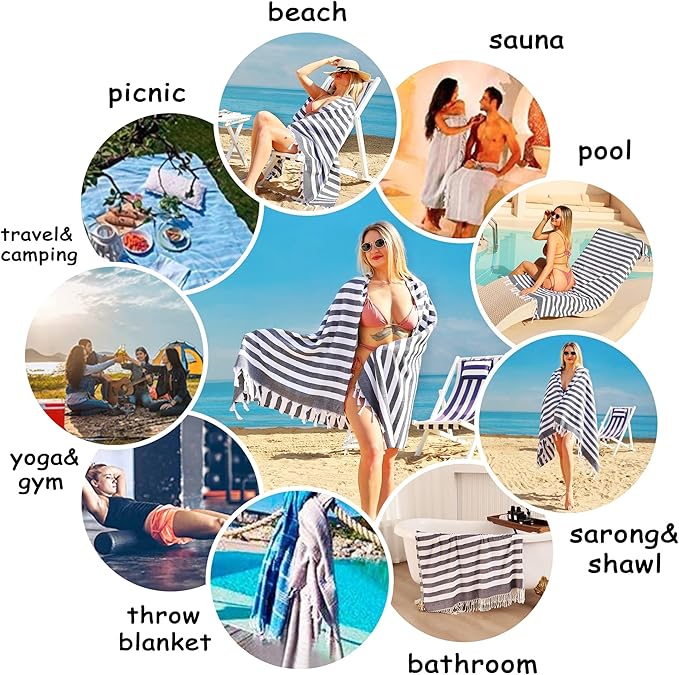 2 Pack Oversized 39 x 72 Turkish Beach Towels, Super Absorbent & Quick Dry, Sand Free, Lightweight Pool Towels for Adults, Travel Towel, Super Soft, Sand Resistant