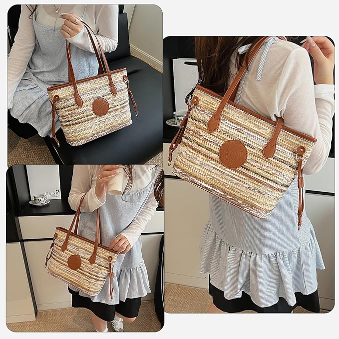 ZOCILOR Women's Straw Shoulder Tote Bag with PU Leather Trim, Large Woven Beach Handbag, Lightweight Casual Summer Purse