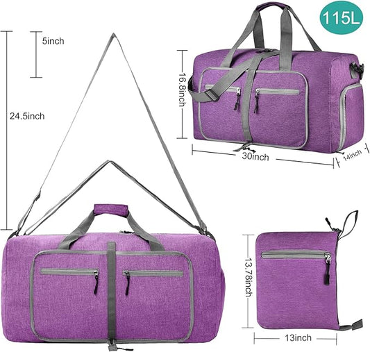 Dimayar 115L Travel Duffle Bag for Men Women - Foldable Duffel Bag with Shoes Compartment - Overnight Bags Waterproof & Tear Resistant(Purple)