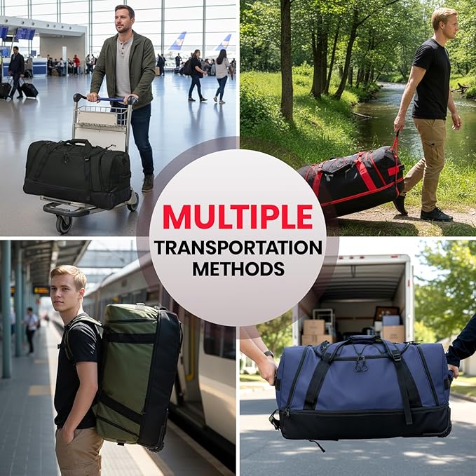 Fanwoli 92L 120L Large Rolling Duffle Bag with Shoes Compartment, 30’’ Expandable & Foldable Heavy Duty Water Resistant Travel Backpack, Convertible Foldable Duffel for Gym Camping Weekender