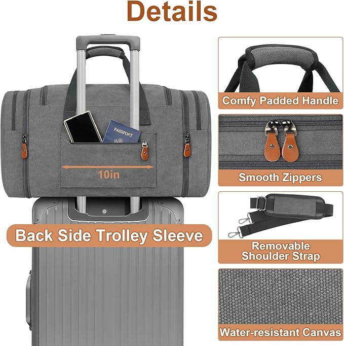 Canvas Mens Duffle Bag for Travel - Expandable 50L Weekender Bags with Toiletry Bag, Overnight Bag Travel Duffel Carry On Luggage with Removable Shoulder Strap, Durable & Water-Resistant