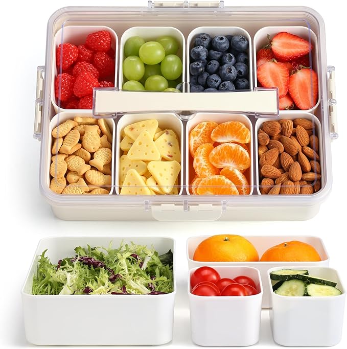 Snackle Box Container for Adults, 11 in 1 Divided Serving Tray Snack Box Containers with Stackable Compartment and Handle, Customizable Charcuterie Boxes Portable Snack Platter for Party Travel, White