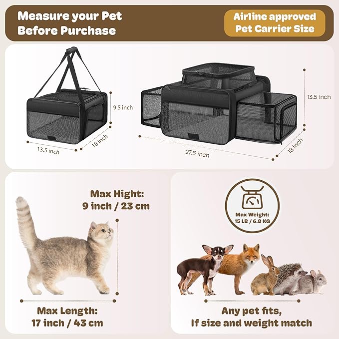 Top and 2 Sides Expandable Large Cat Carrier 18x13.5x9.5, TSA Airline Approved Dog Carriers for Large Dogs, Soft-Sided Pet Carrier with Self-Locking Zippers for Kitten,Rabbit, Puppy, Guinea Pig Black