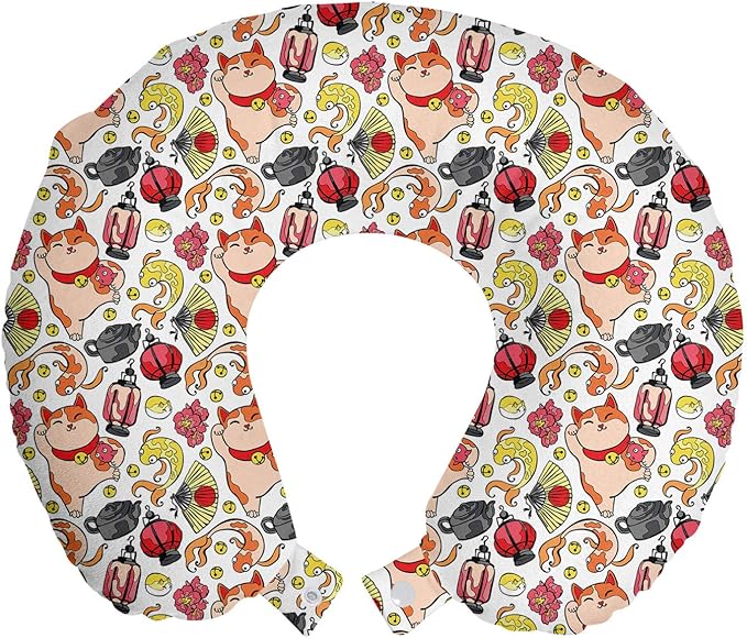 Ambesonne Japanese Cat Travel Pillow Neck Rest, Lucky Cat Holding Koi Fish Paw Far East Illustration, Memory Foam Traveling Accessory for Airplane and Car, 12", Vermilion Champagne