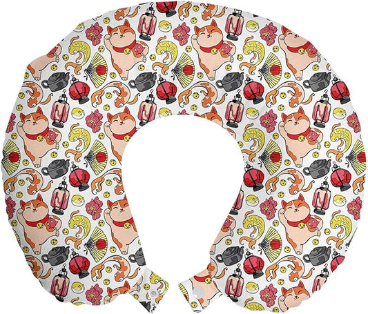 Ambesonne Japanese Cat Travel Pillow Neck Rest, Lucky Cat Holding Koi Fish Paw Far East Illustration, Memory Foam Traveling Accessory for Airplane and Car, 12", Vermilion Champagne