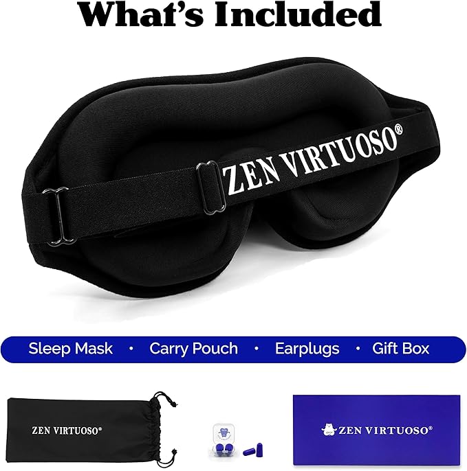 Complete Light Blocking 3D Sleep Mask – Blackout Eye Mask for Sleeping, Lash Extensions & Side Sleepers – Pressure-Free Comfort with Adjustable Strap, Travel Bag & Earplugs