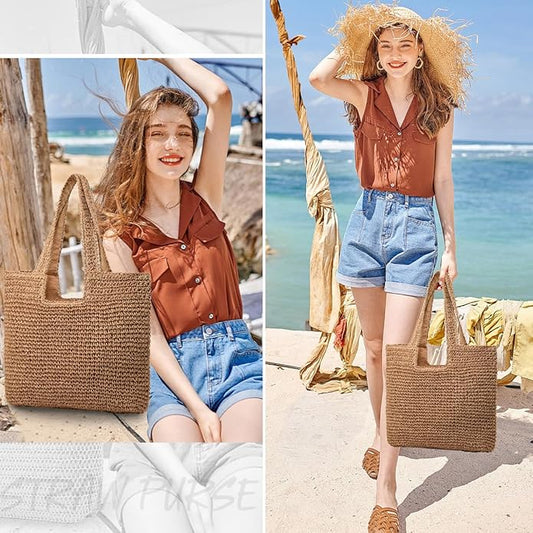 Straw Beach Bags for Women Woven Beach Tote Bag Casual Boho Large Shoulder Handbags Purse for Vacation Holiday